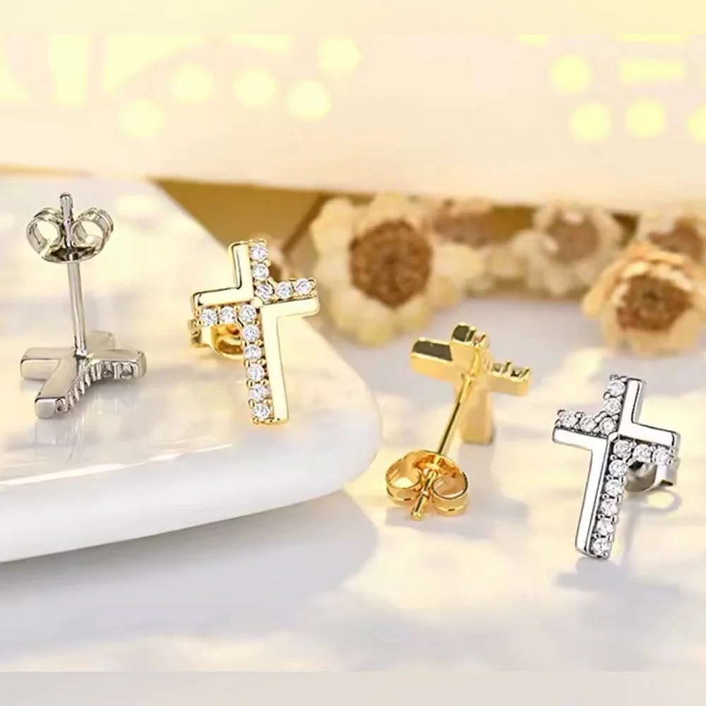 NEW SIMULATED DIAMOND CROSS STUD EARRINGS,‎ RELIGIOUS JEWELRY , MENS JEWELRY